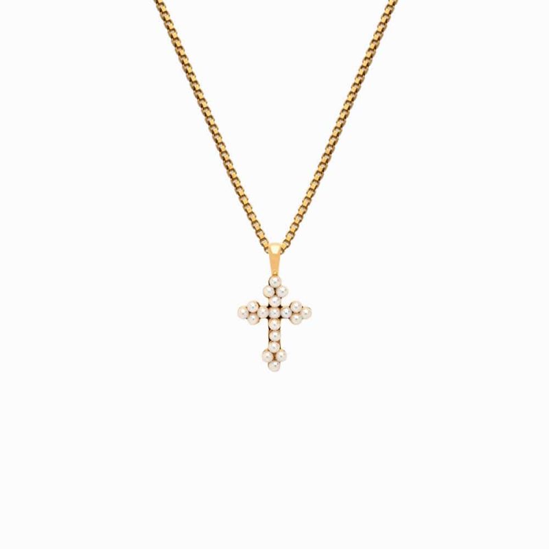 awe inspired necklaces 14k yellow gold vermeil 16 18 pearl cross necklace 30984332738612