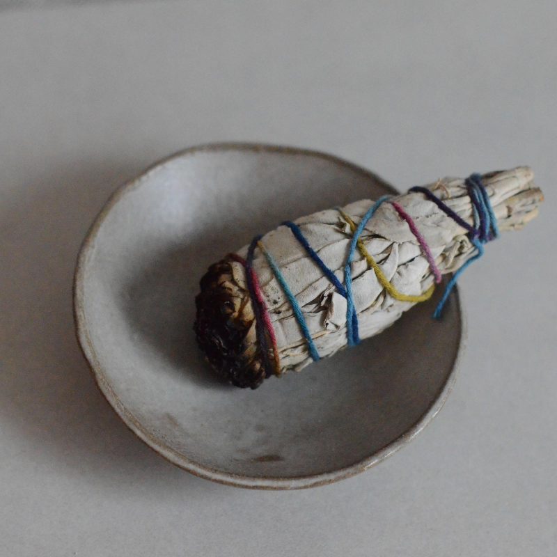 sand ceramic incense bowl and smudge stick